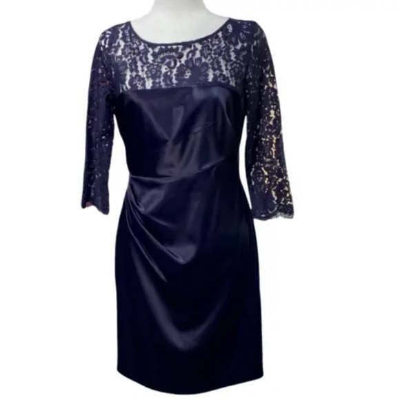 Eliza J Navy Blue Satin and Lace Cocktail Dress SZ 4 - Picture 7 of 7